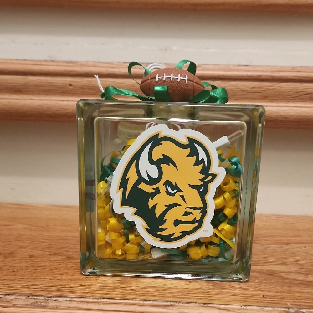 Hand Crafted Green and Yellow Decorative Glass Block